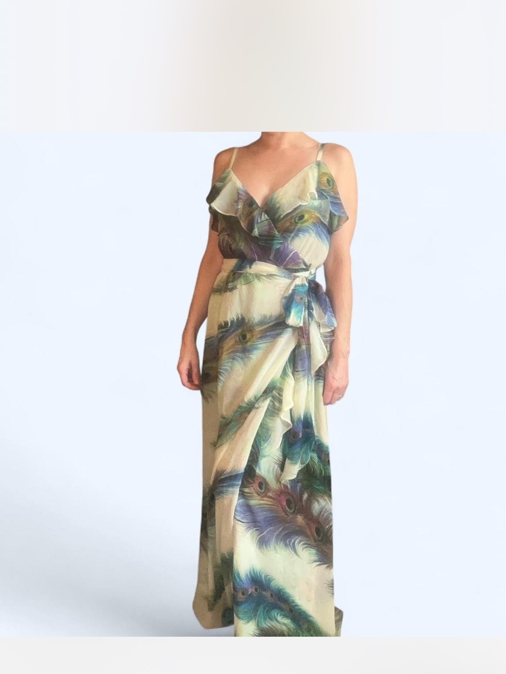 Meghan Los Angeles Peacock Feather Wrap Maxi Dress M Boho Ruffle
